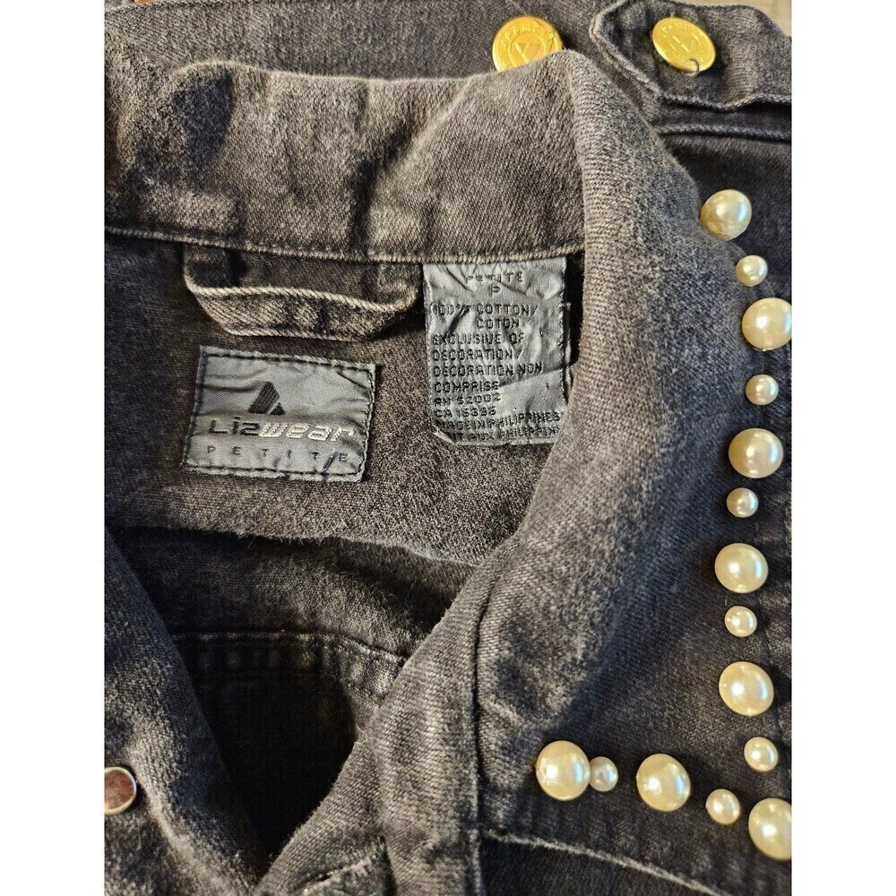 Liz Claiborne Vintage Lizwear Black Denim Jacket Pearls Japanese Flowers - Picture 13 of 14